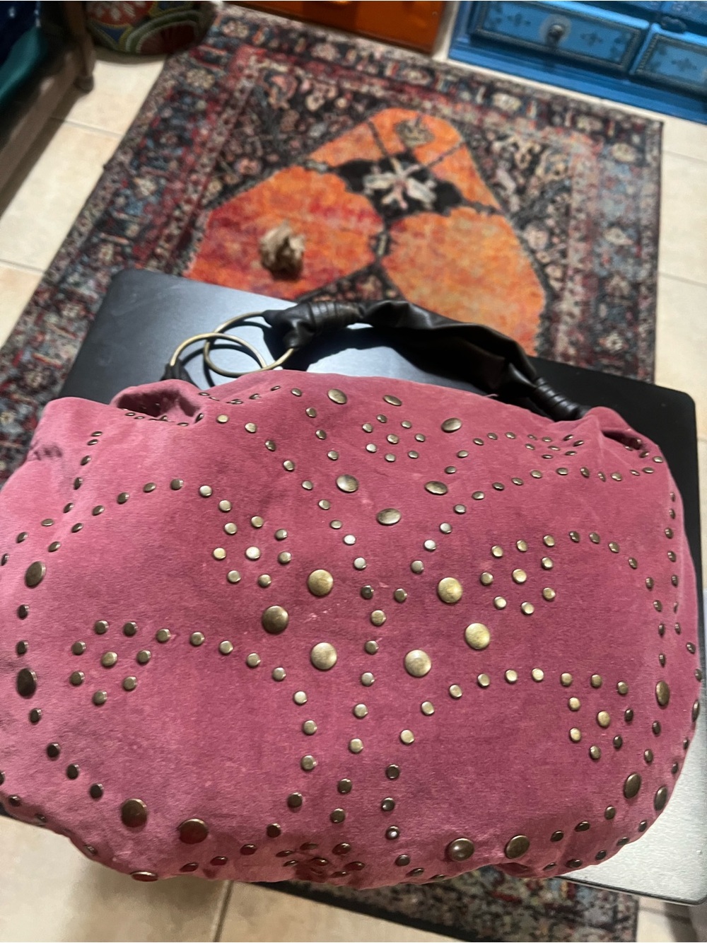 Studded Suede Hobo Bag in Dusty Rose